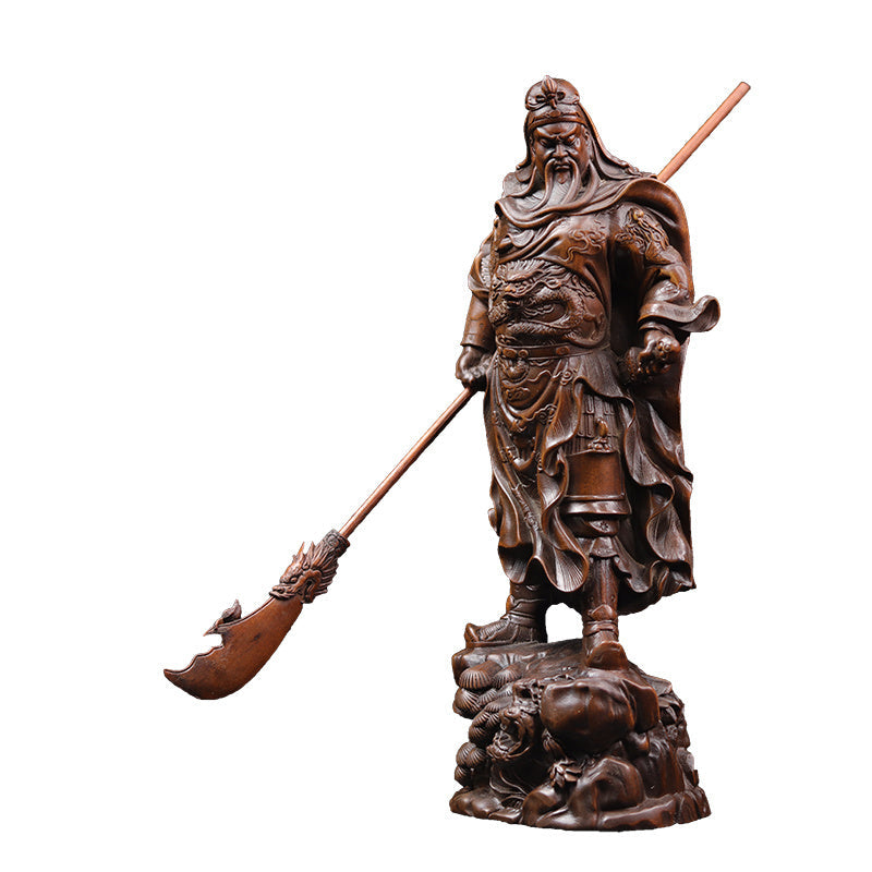Poplar Wood Carving God of Fortune Guan Yu Statue Ornament