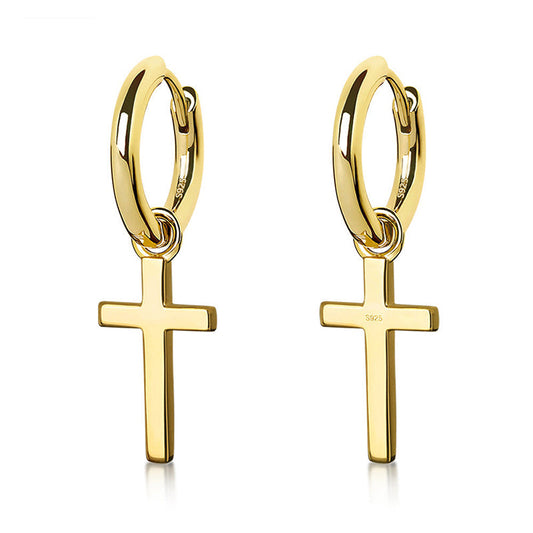 14K Gold/White Gold Sterling Silver Dangle Cross Hoop Mens Earrings DOPEPLUS.COM