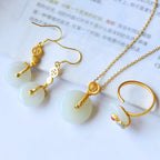 Hetian Jade Jewelry Set with Safe Buckle Pendant, Earrings & Ring-4