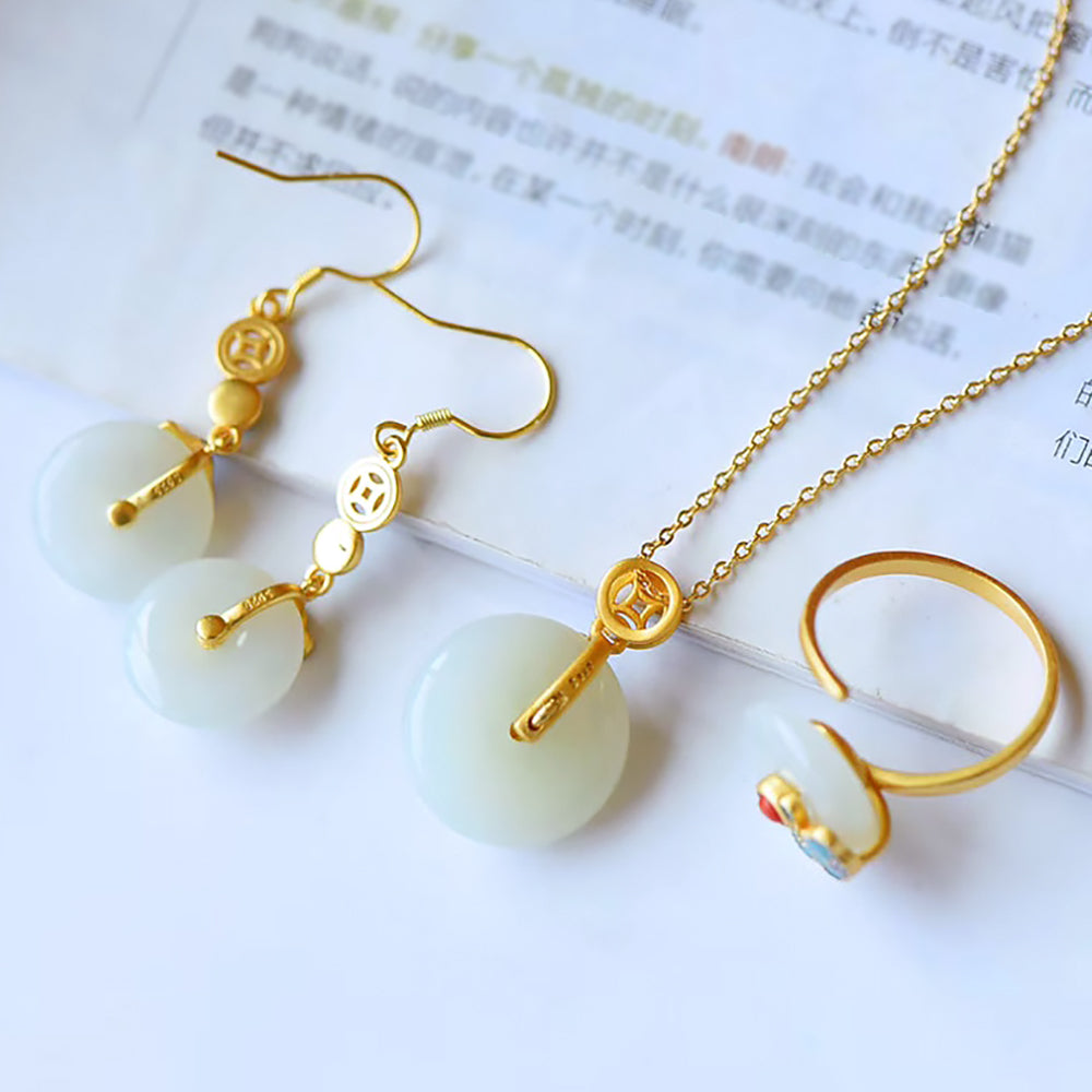 Hetian Jade Jewelry Set with Safe Buckle Pendant, Earrings & Ring-4