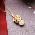 Hetian Jade Safe Buckle Bull Head Pendant Ancient Silver Gold Inlaid Jade Natural Pendant Clavicle Necklace