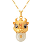 Hetian Jade Safe Buckle Bull Head Pendant Ancient Silver Gold Inlaid Jade Natural Pendant Clavicle Necklace