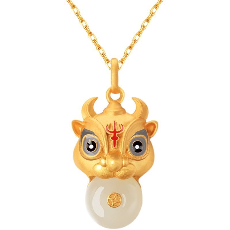 Hetian Jade Safe Buckle Bull Head Pendant Ancient Silver Gold Inlaid Jade Natural Pendant Clavicle Necklace