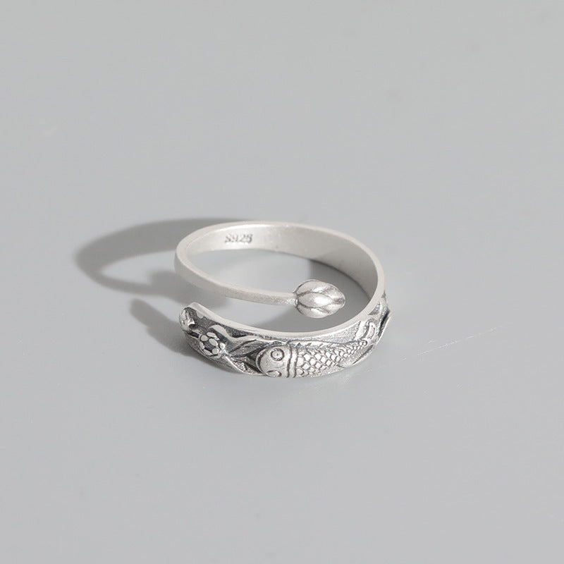 Personality Temperament Chinese Style Lotus Carp S925 Silver Ring Ethnic Style Carved Hand Ornaments Men And Women Open Ring