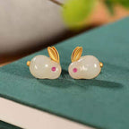 Cute Ring With Hetian Jade Stud Earrings In Sterling Silver
