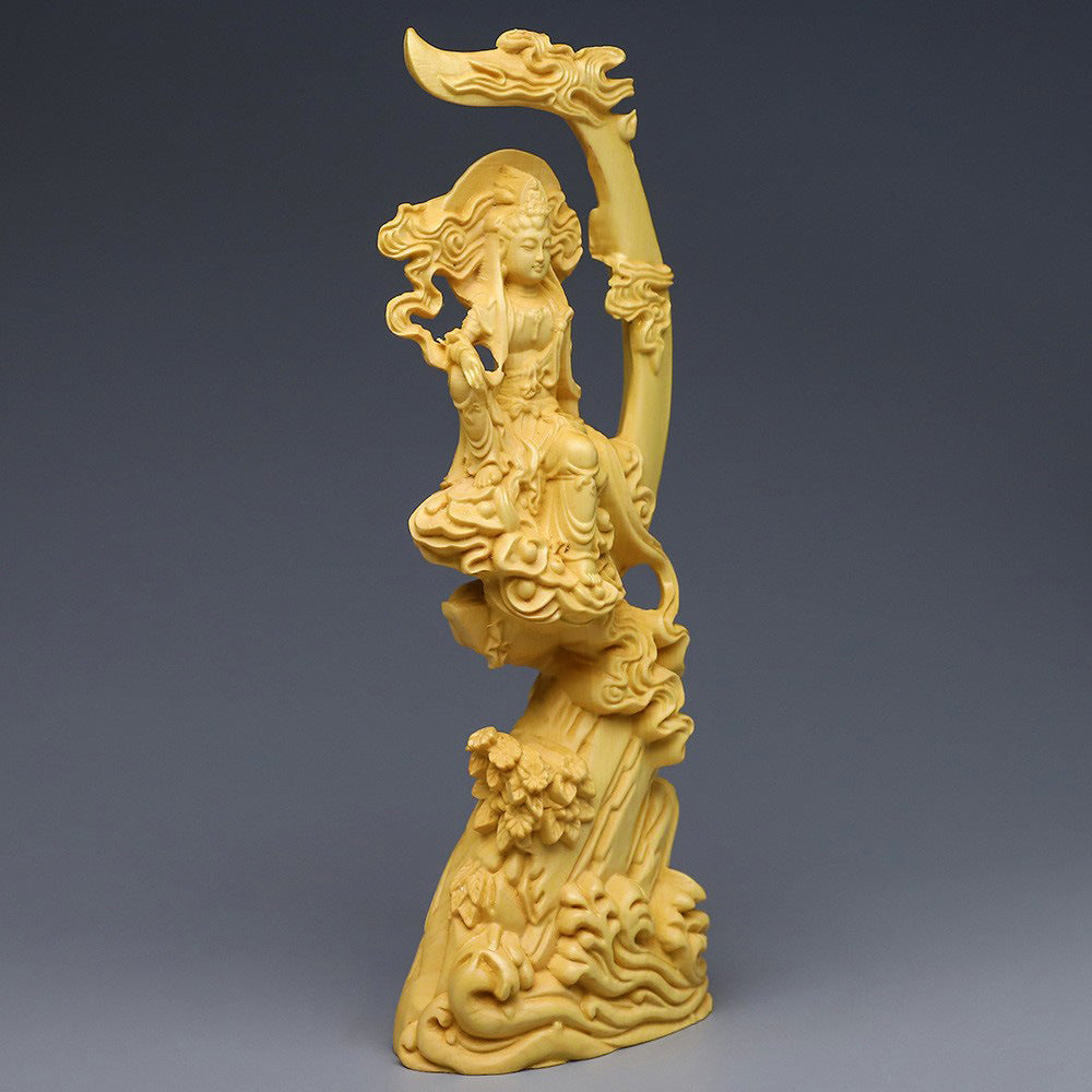 Boxwood Wood Carving Sun and Moon Bodhisattva Home Decoration