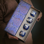 Sprinkled Blue Glaze Ceramic Inlaid Silver Tea Cup Set