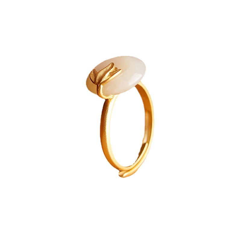 Chinese Style Hetian White Jade Peace Buckle Ring