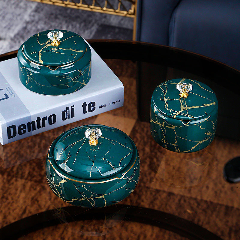 Modern ceramic ashtray with stone pattern and lid