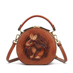 Ethnic Style Small Round Bag Head Layer Cowhide One Shoulder Crossbody