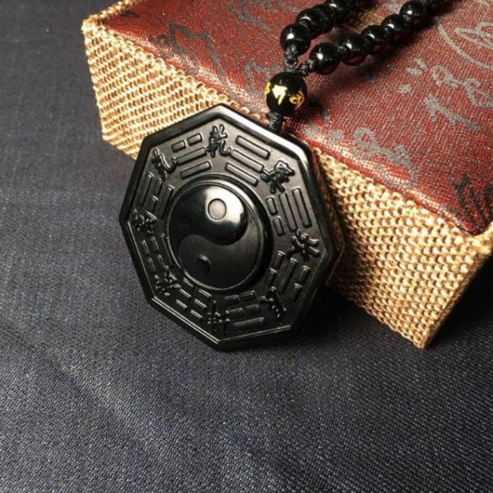 Obsidian Pendant Yin Yang Fish Five Elements Amulet Unisex Necklace