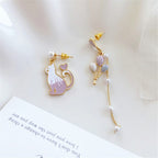 S925 Silver Needle Cute Cat Asymmetric Balloon Earrings Pearl Tassel Earrings