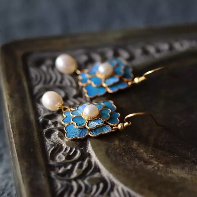 Chinese Style Imitation Kingfisher Craft Cloisonne Earrings-3