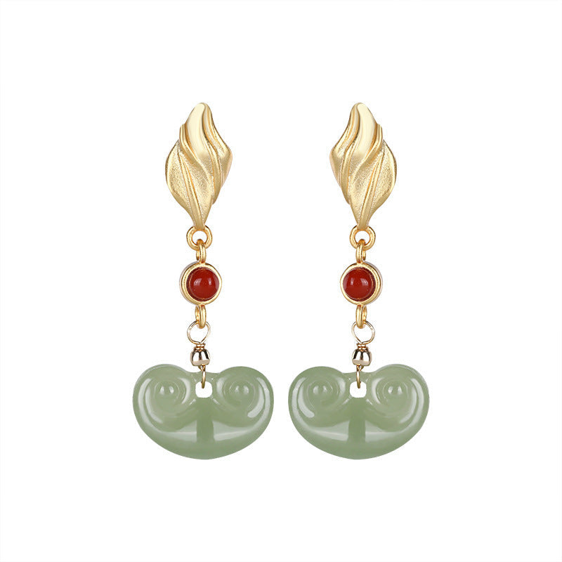 Gold-plated Inlaid Hetian Gray Jade Earrings Personality Southern Red