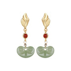 Gold-plated Inlaid Hetian Gray Jade Earrings Personality Southern Red