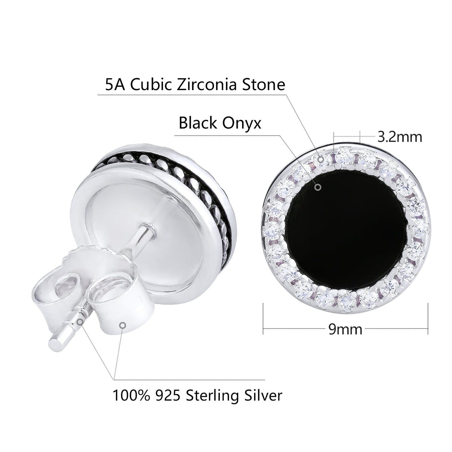 925 Sterling Silver Black Onyx Iced CZ Round Stud Earrings DOPEPLUS.COM