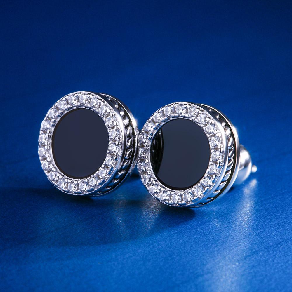 925 Sterling Silver Black Onyx Iced CZ Round Stud Earrings DOPEPLUS.COM
