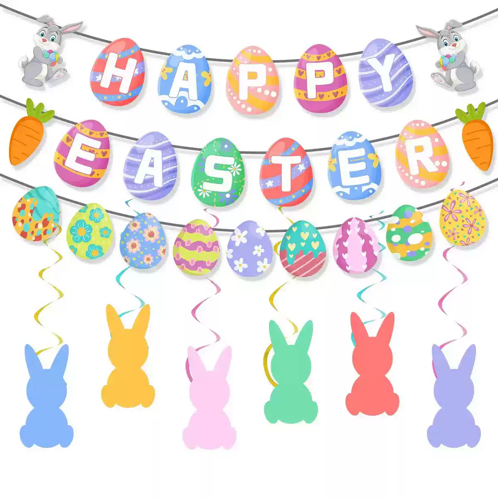 Easter Decorations Flag Banner Easter Egg Cake Inserts Balloon Party Decorations-2