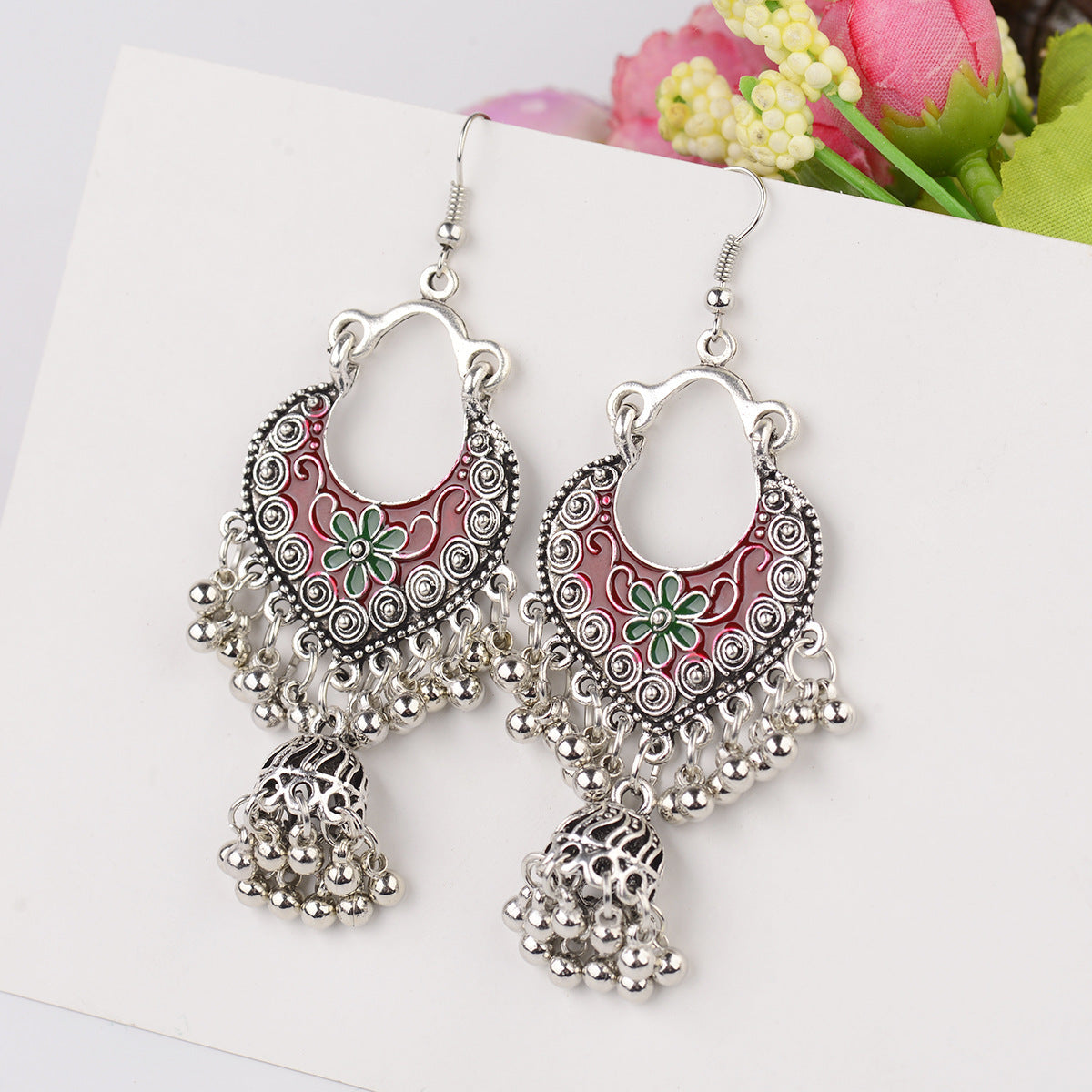 Hmong Vintage Style Tassel Style Painted Earrings-3