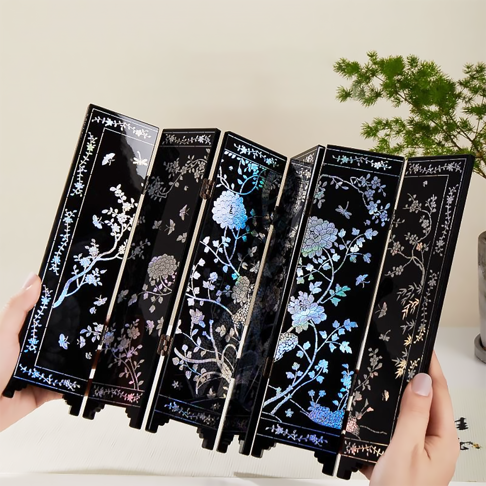 Mother of Pearl Black Screen Folding Screen Chinese New Year Crafts Lacquerware Desktop Decorations-2