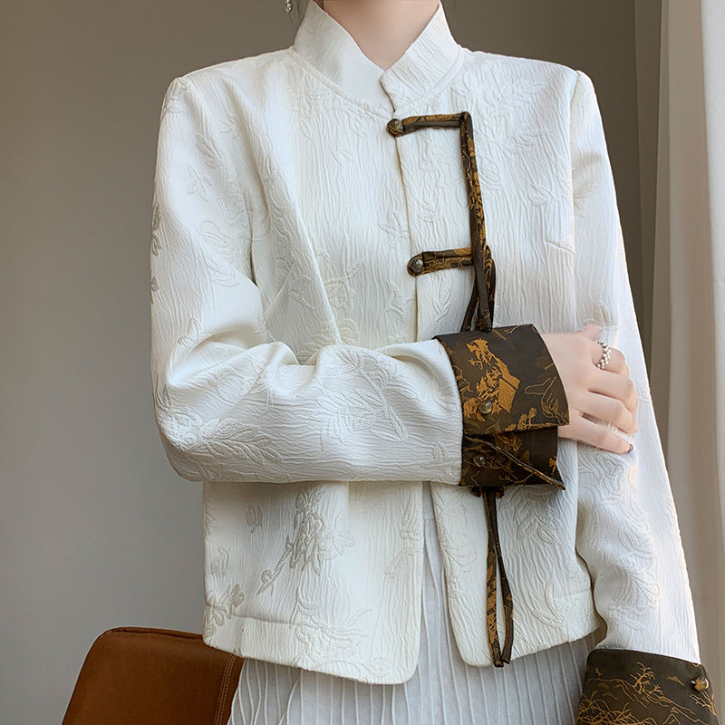 Spring new retro Tang jacket versatile color-blocked buckle suit women's high-end sense of new Chinese style coat