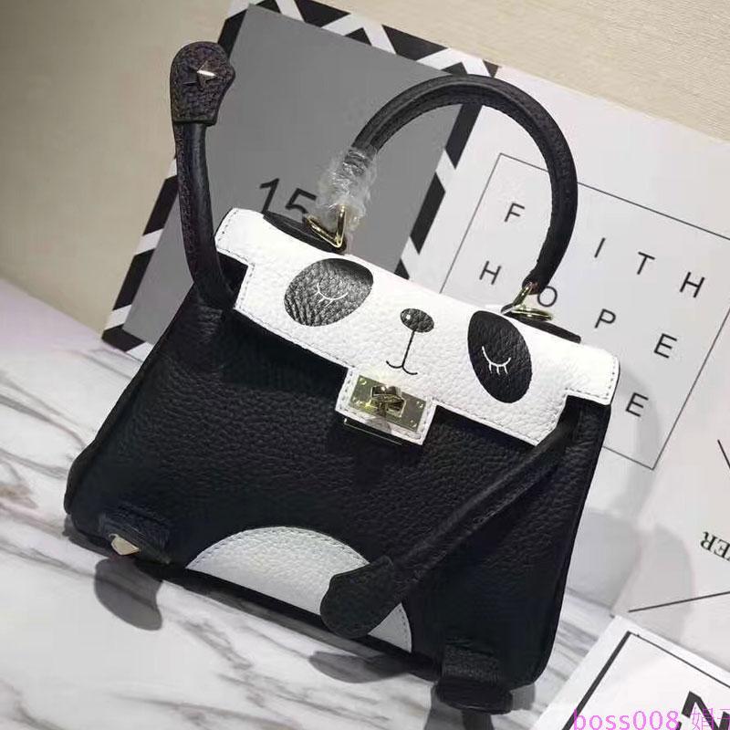 Panda Printing Genuine Cowhide Lychee Lines Women Commuting Bag-3