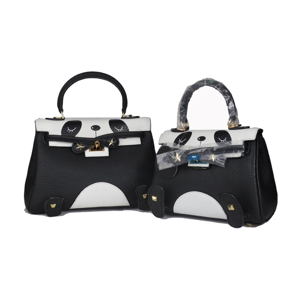 Panda Printing Genuine Cowhide Lychee Lines Women Commuting Bag-5