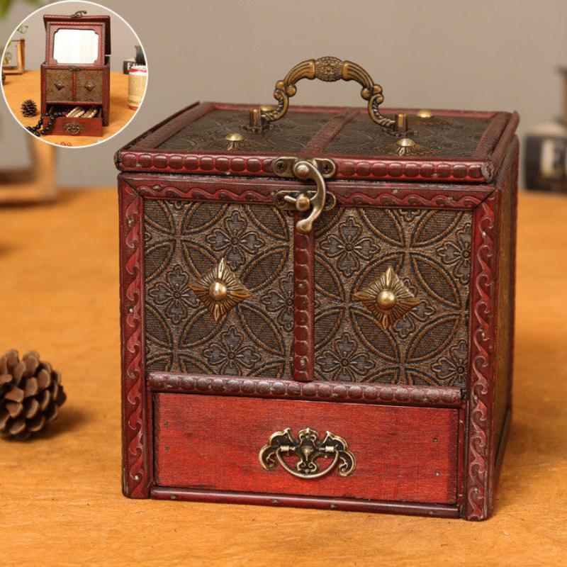 Retro Solid Wood Jewelry Makeup Storage Box-2
