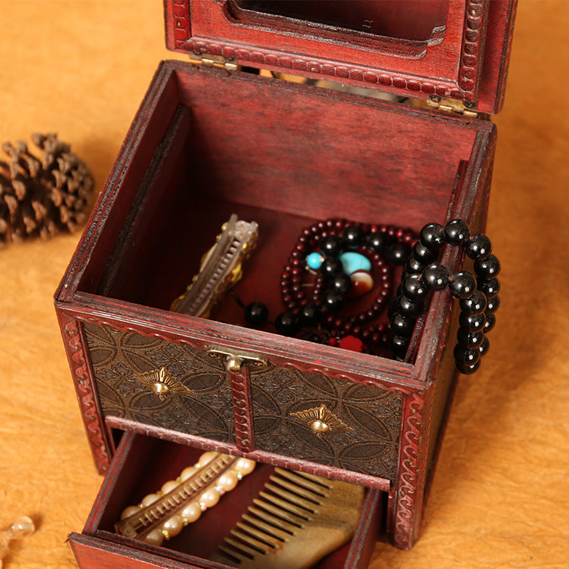 Retro Solid Wood Jewelry Makeup Storage Box-3
