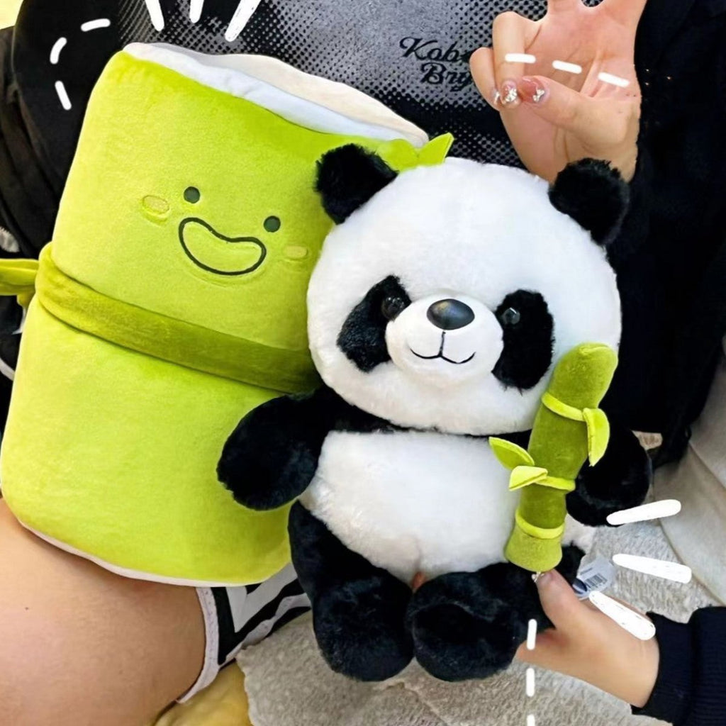 Simulated Bamboo Tube Flower Panda Pillow Plush Doll-2