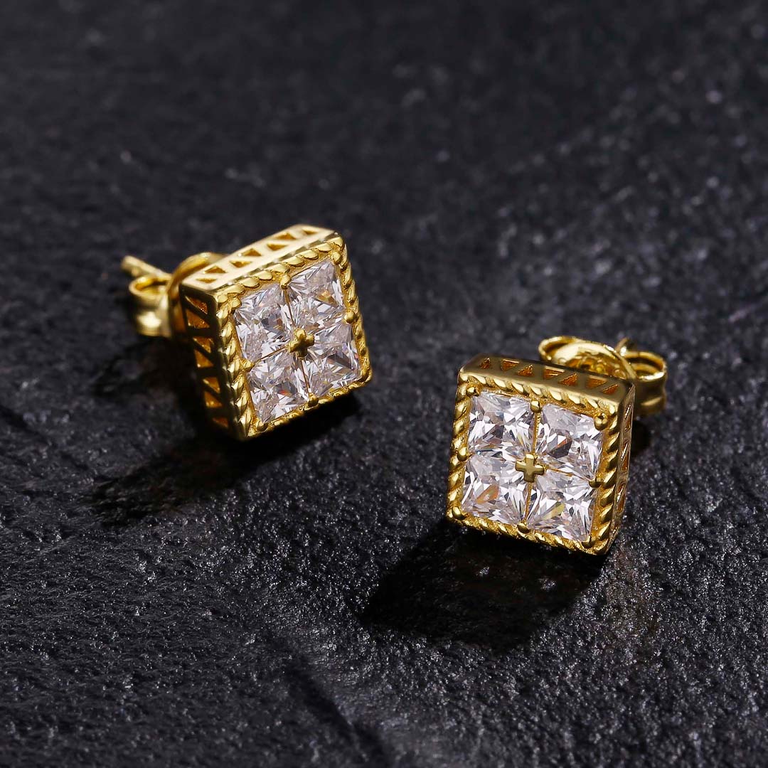 Sterling Silver Princess Cut Diamond Stud Earrings for Men DOPEPLUS.COM