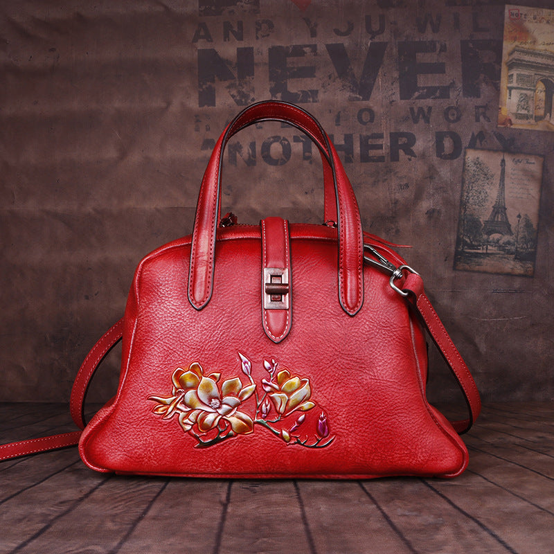 Top Layer Cowhide Vintage Embossed Handbag-1