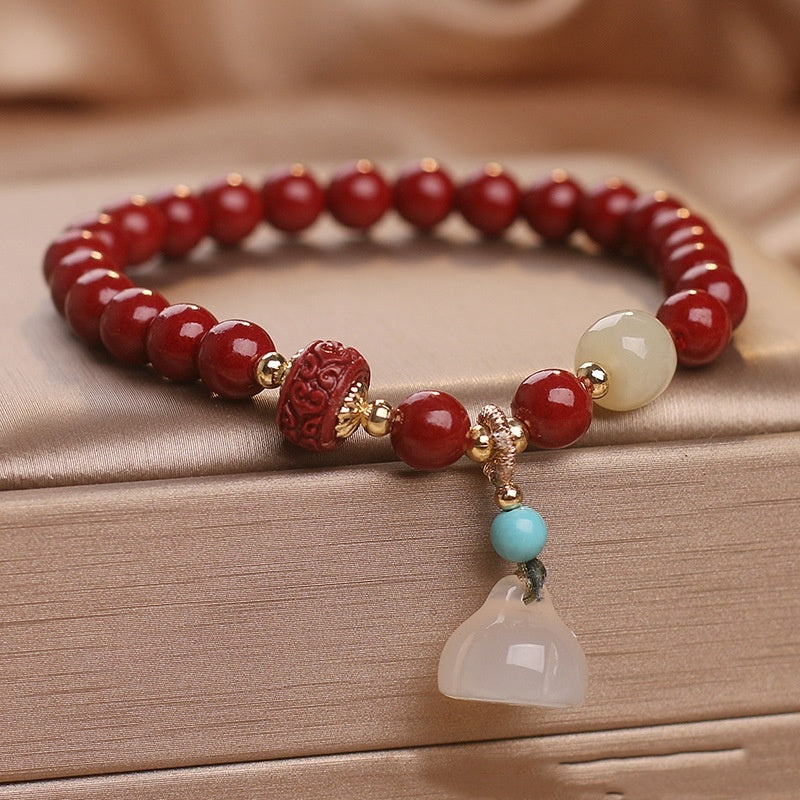 Vintage Style White Chalcedony Lotus Cinnabar Bracelet-