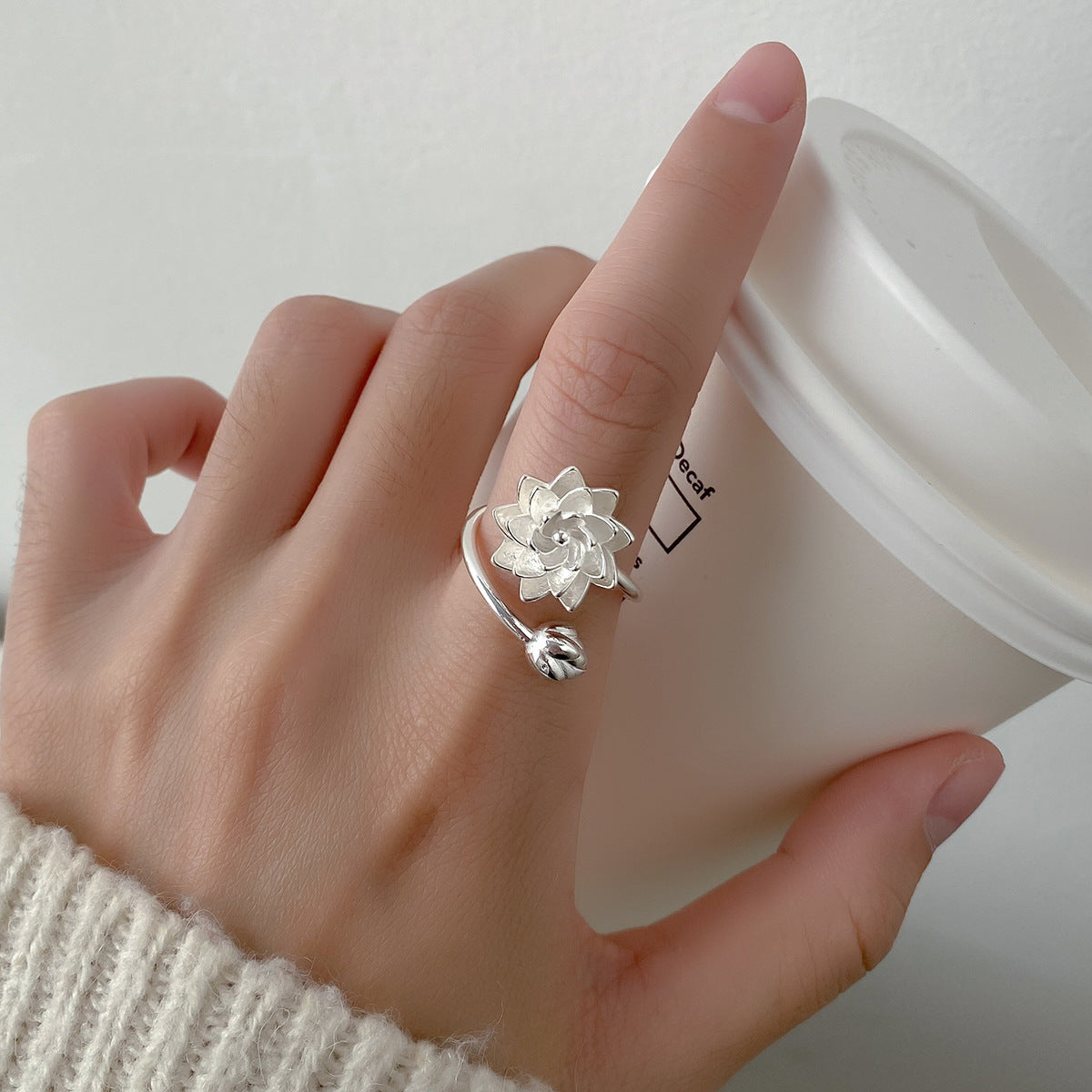 Chinese adjustable lotus ring with floral white copper finish