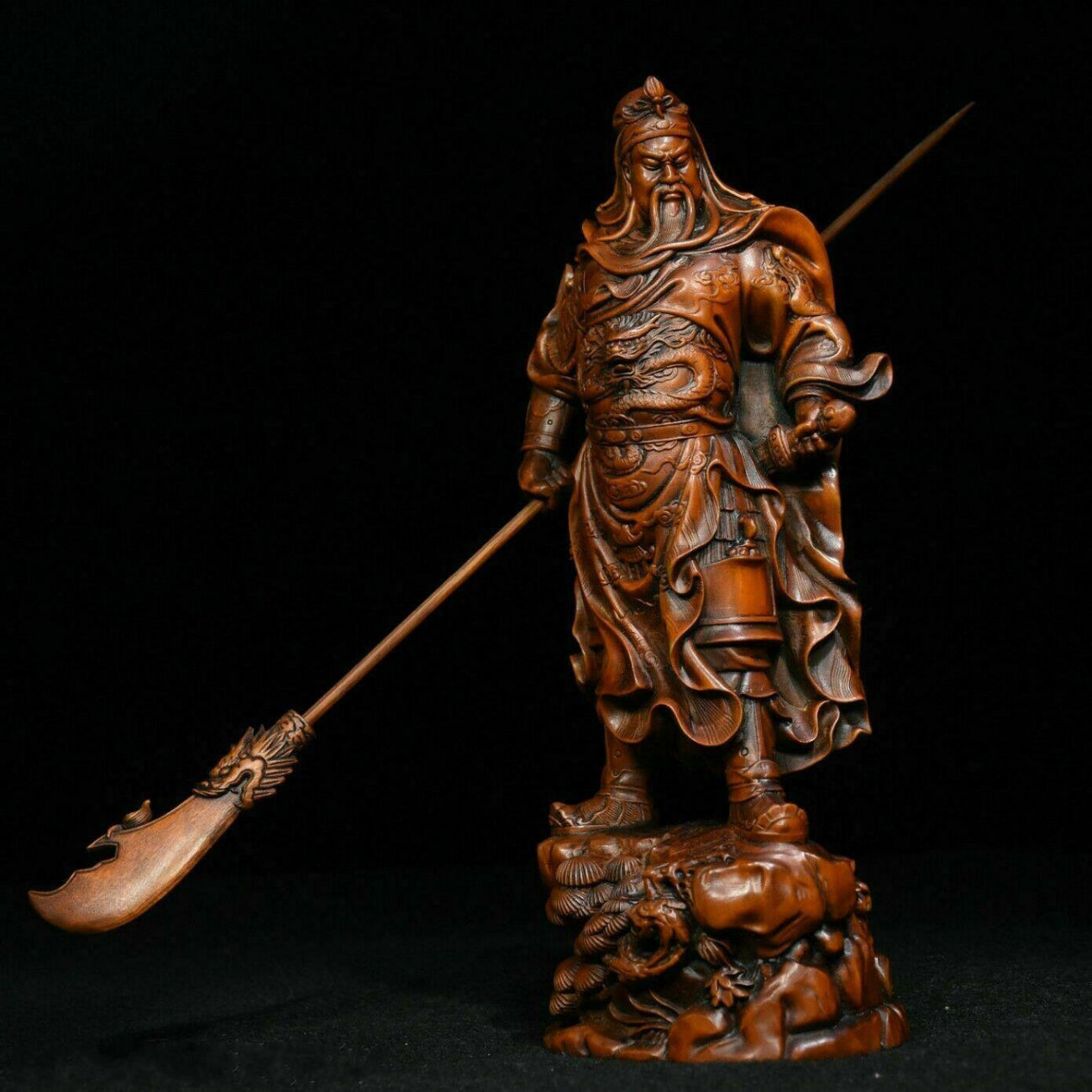 Poplar Wood Carving God of Fortune Guan Yu Statue Ornament