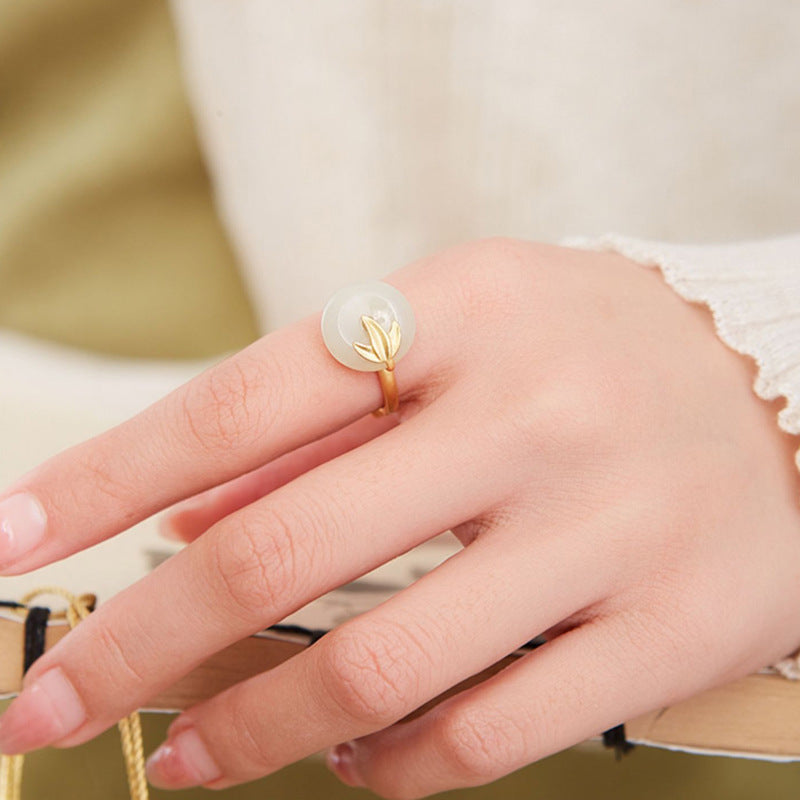 Chinese Style Hetian White Jade Peace Buckle Ring