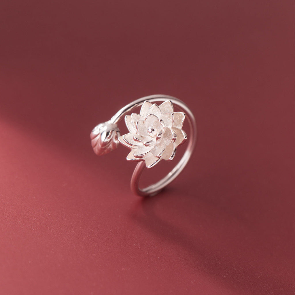 Chinese adjustable lotus ring with floral white copper finish