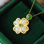 Gold Hetian Jade Clover Green Chalcedony Pendant Necklace