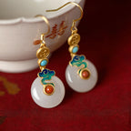 Sterling Silver Inlaid Hetian Jade White Jade Peace Buckle Earrings