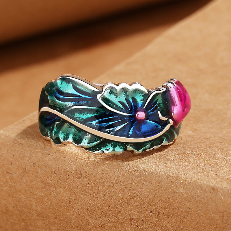 Vintage Thai Silver Chinese Style Cloisonne Six Words Mantra Lotus Ring